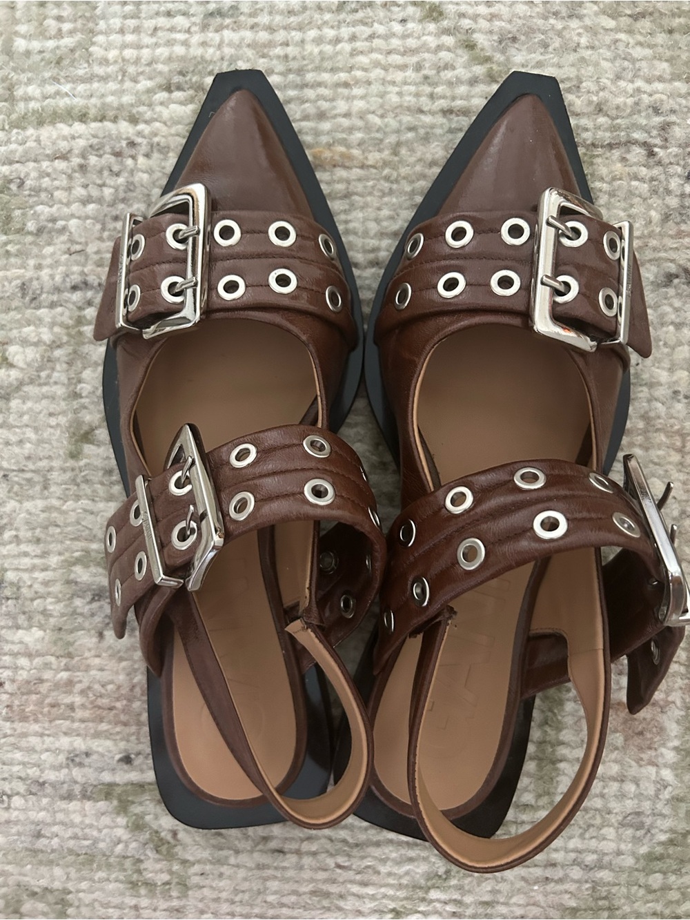 Ganni Feminine Buckle Ballerinas in Brown
